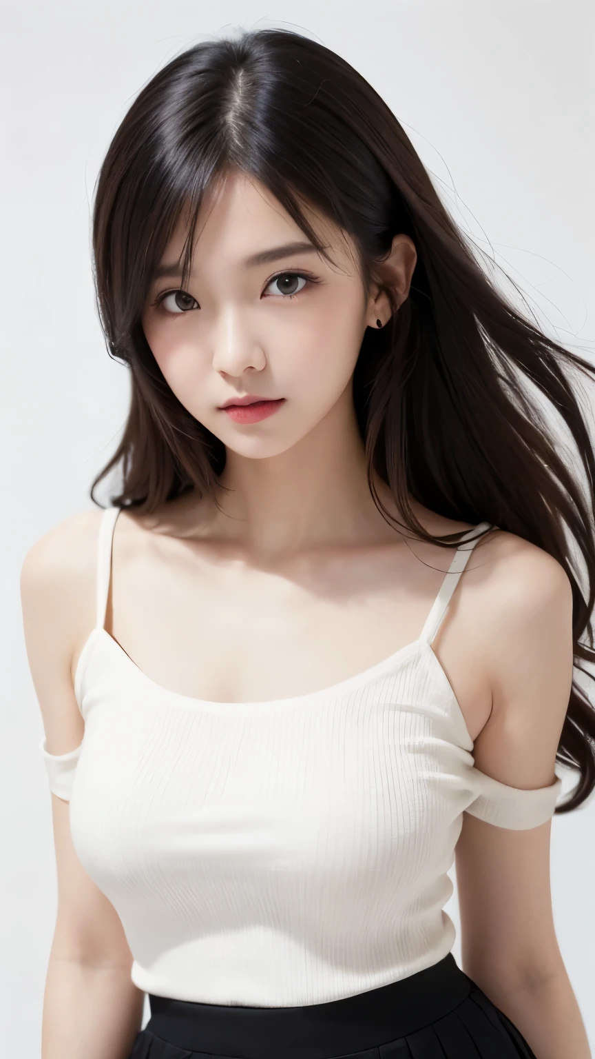 (((amount、Northern Europe、white、beautiful girl、Black Hair、white Background、Tank top、Off-the-shoulder blouse、mini skirt、Long Hair、Perm)))、Tabletop, Highest quality, shape, Very detailed, finely, High resolution, 8k wallpaper, Perfect dynamic composition, finelyて美しい目, Deco Out,blonde, Super big breasts, Natural color lip,white Background, Random cute poses,