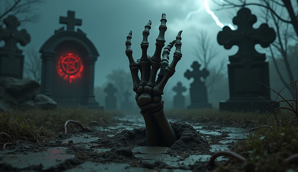 A decayed, skeletal hand emerges from the dirt in a dark, eerie cemetery. The hand pushes through the earth, with dirt and debris falling off its bony fingers, still covered in patches of decayed skin. The ground around the hand is cracked and disturbed, with roots and weeds tangled in the soil. The scene is lit by an ominous red glow emanating from a nearby pentagram, casting eerie shadows over the overgrown tombstones and broken graves. The stormy sky above is dark and heavy, with flashes of lightning illuminating the scene briefly. Everything is rendered in ultra-realistic detail, from the textures of the decayed hand to the gritty dirt and aged tombstones, making it appear lifelike and unsettling.