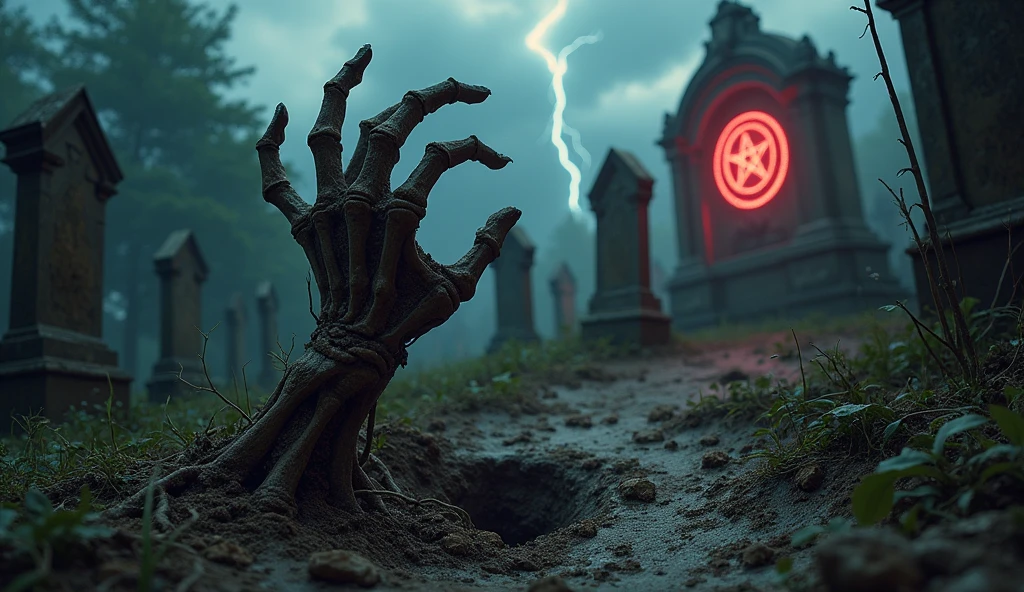 A decayed, skeletal hand emerges from the dirt in a dark, eerie cemetery. The hand pushes through the earth, with dirt and debris falling off its bony fingers, still covered in patches of decayed skin. The ground around the hand is cracked and disturbed, with roots and weeds tangled in the soil. The scene is lit by an ominous red glow emanating from a nearby pentagram, casting eerie shadows over the overgrown tombstones and broken graves. The stormy sky above is dark and heavy, with flashes of lightning illuminating the scene briefly. Everything is rendered in ultra-realistic detail, from the textures of the decayed hand to the gritty dirt and aged tombstones, making it appear lifelike and unsettling.