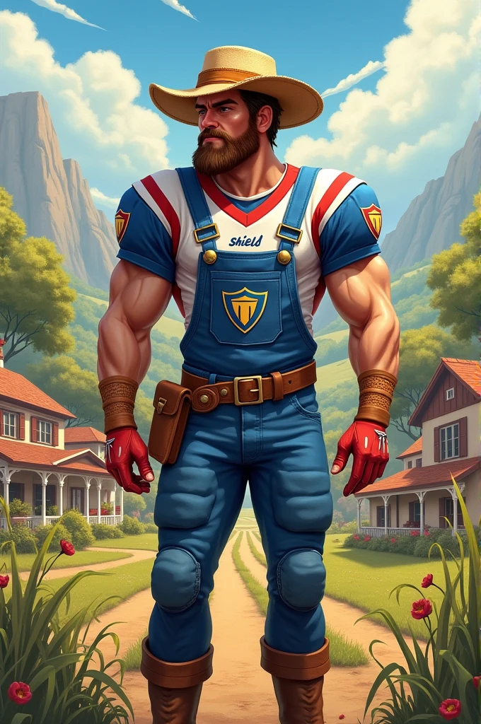 Team shield written Santa Cecilia a football player dressed as a farmer color blue white red and yellow