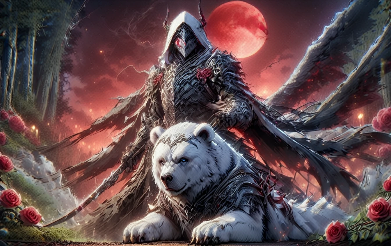 One man with a white hood with bear ears and a katana sits riding a polar bear in a forest while the blood moon shines, many Roses cover the ground and lightning falls from the sky. The man wears a red blindfold.