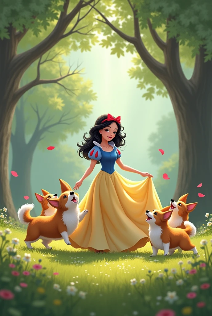 Snow White playing on the grass with several Welsh Corgi puppies
