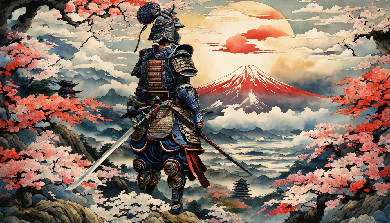 A fusion of watercolor and oil painting, A fusion of paper cutting and shadow art, Mix of Japanese paintings, Ukiyo-e and woodblock prints, Mixing monochrome and color, Conceptual installation art, nice (Helmet, armor, armor), warrior, armor, Japanese sword, backward, (Super detailed, The absolute solution, Highest quality:1.3), 2.5D, delicate and dynamic, artistic, Hyper, Graphics CG Digital Art, The background is old Japanese paper with a rainbow pattern.,Hinomaru and Mt. Fuji