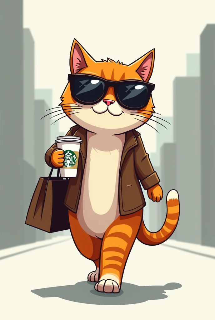 Logo of a friendly cat walking through the city, very conceited, with sunglasses and drinking a Starbucks-style coffee, with a cocky walk and some bags in his other hand, with a posture of "I Deserve It". Remember it's a logo, so it must be vector style. It must be a minimalist logo