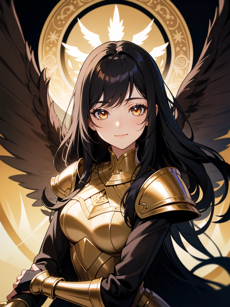 detailed,((mature woman)),detailed face,long black hair,fantasy,black dress,armor,warm smile,golden eyes,wings