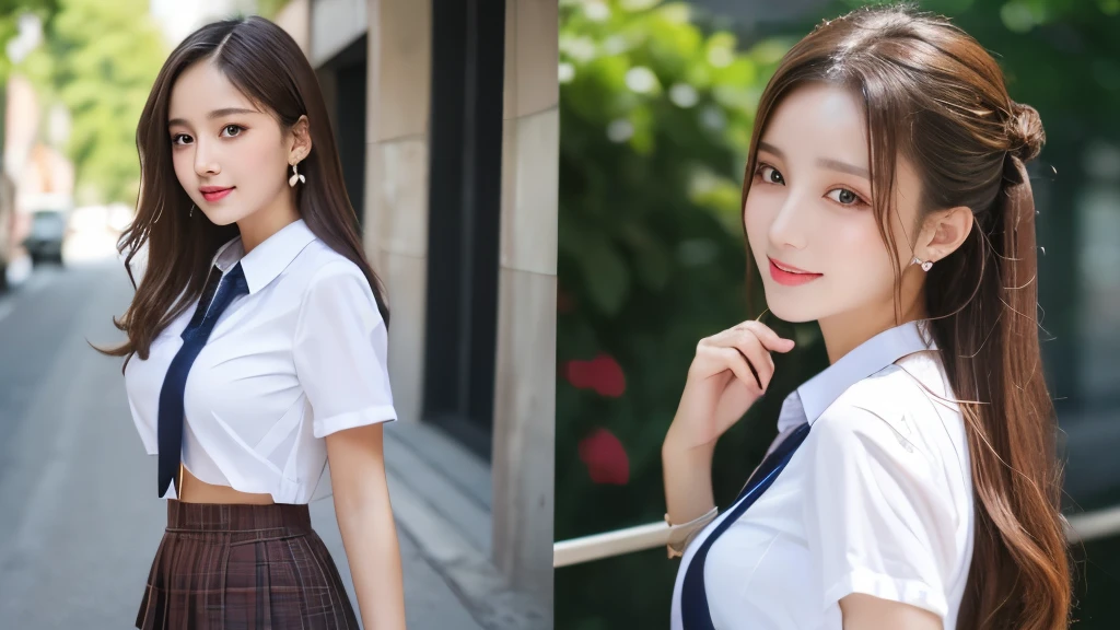 Highest quality、High resolution、8k wallpaper、Dense and beautiful eye-glue hair、(Beautiful breasts:1.3)、Natural color lip、Women、Brown Hair、smile、Semi-long hair、Hair tied up、Wearing a necklace and earrings、Shirt and tie、Checked mini skirt、On the way home from school、look back