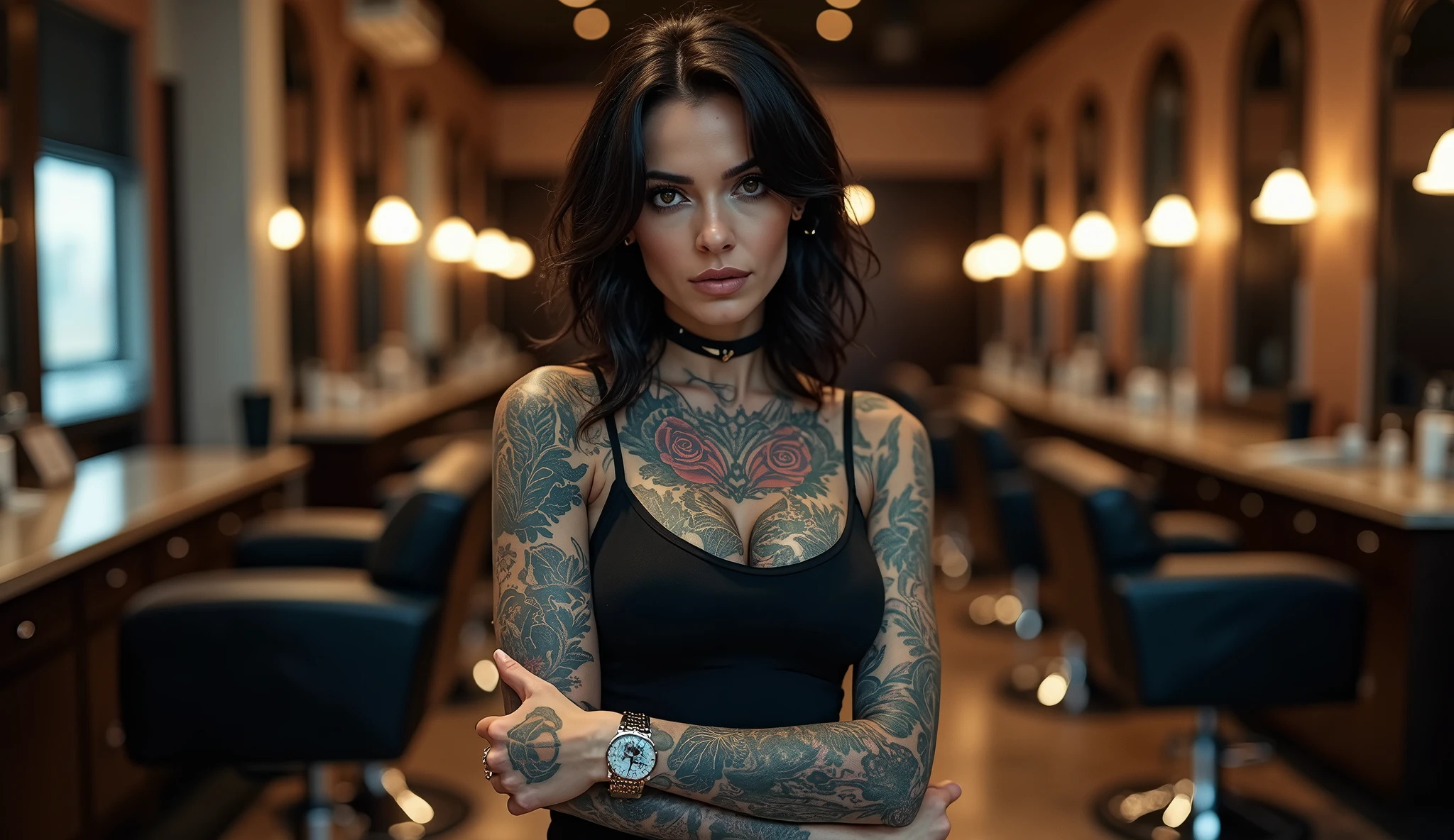 a heavily tattooed and pierced female barber in the empty space of a HI-TECH barber shop, very charismatic, sexy, with a body shape like Monica Bellucci, piercing gaze, 5'7" tall, 45 years.
The style is modern and atmospheric, with an emphasis on detail. The main focus is on the expressiveness of the character and the luxurious setting of the barber shop.
The angle is chosen so, to show the barber in a close-up from the waist up. This allows you to focus on his charismatic image, tattoos and piercings. The barber occupies the central place in the frame, leaning slightly towards the camera, which creates an effect of intimacy and engagement of the viewer. The barbershop is modern and upscale, with sleek, dark toned decor, leather chairs, and polished surfaces. The lighting in the room is soft, highlighting the luxury of the barbershop, illuminating interior elements, executed with great attention to detail.
The color palette is kept in warm tones, in rich colors. Dark and rich colors predominate: deep brown and black interior hues, silver and soft warm light accents, illuminating tattoos and details of the room. The barber's skin tone is natural, but somewhat enhanced for contrast with his dark tattoos and clothing. tattoos, In turn,, stand out in bright colors