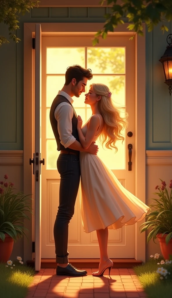 A handsome guy kissing a blonde young woman on the cheek at the door of her house, pixar style, cinematic, masterpiece, high-aesthetic, portrait