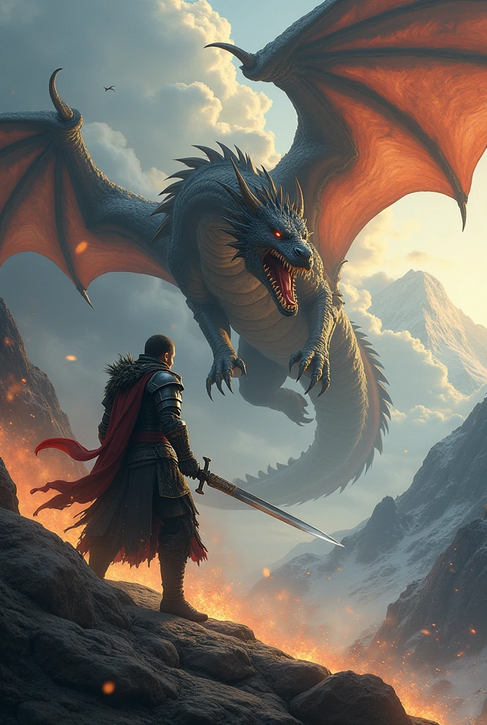 Human fighting with a sword against a dragon