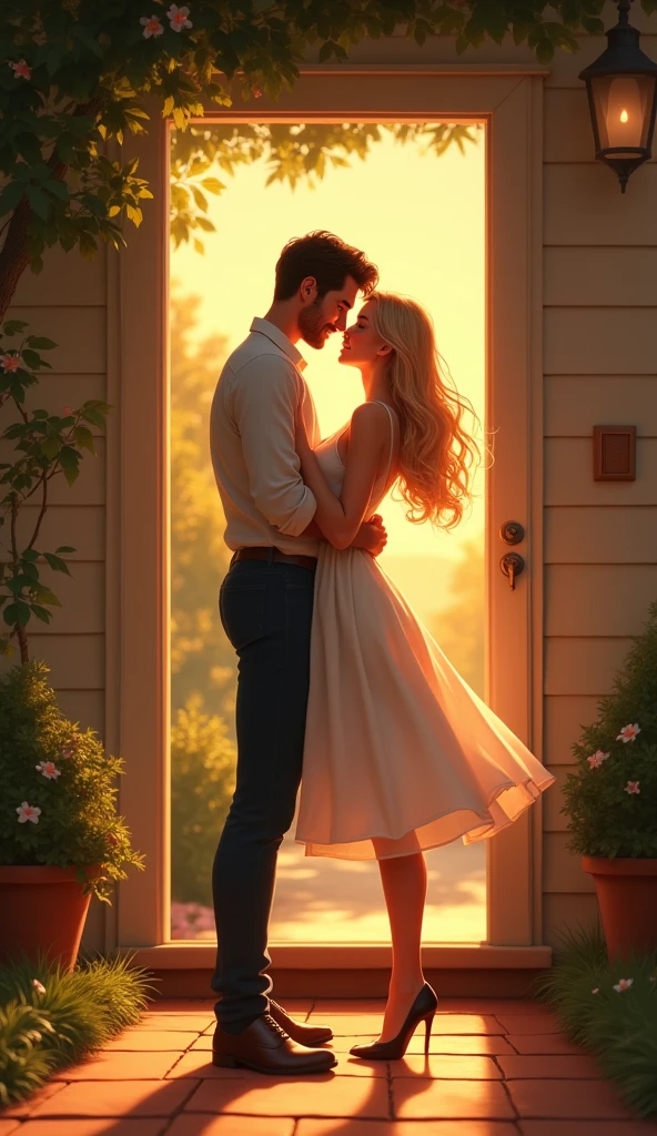 A handsome guy kissing a blonde young woman on the cheek at the door of her house, pixar style, cinematic, masterpiece, high-aesthetic, portrait  