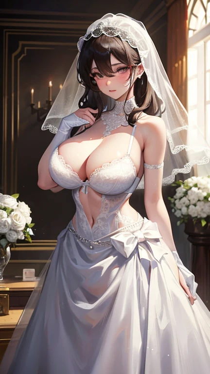 Girl, white lace blindfolded, with huge breasts in a bra with a sexy wedding dress ,veil and bouquet in the room