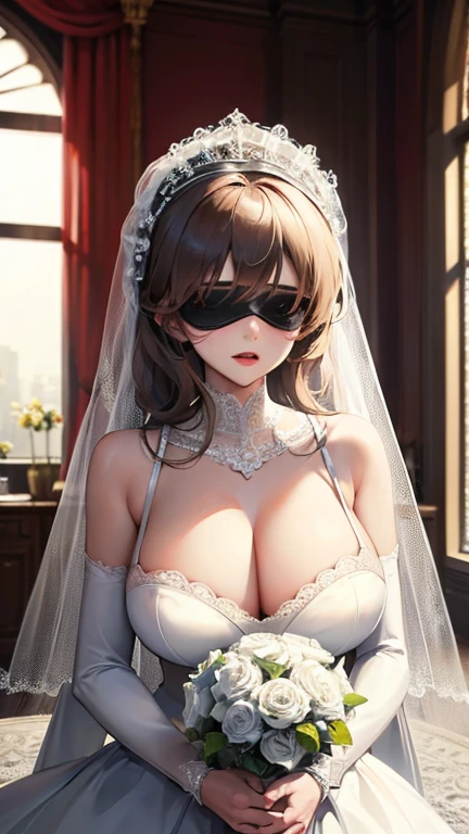 Girl, white lace blindfolded, with huge breasts in a bra with a sexy wedding dress ,veil and bouquet in the room