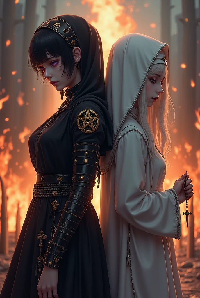 Two pale girls from the middle ages, back to back, the left with violet eye, short black hair, black alchemist robes with technology, cut on the face, with steampunk prosthetic left arm, with pentagram and dagger, with a look of suffering, right with white nun clothes, long white hair, eyes closed holding a rosary, with a bonfire execution in the background