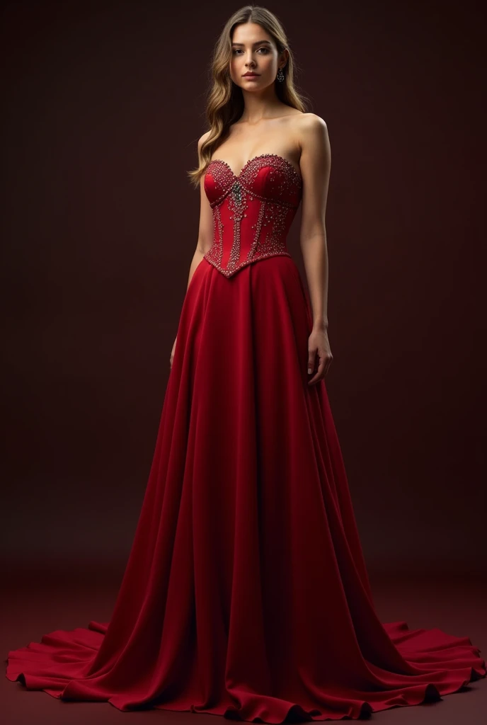 stunning dark red dress with corset top and  long gown, sparkles on corset, size s,