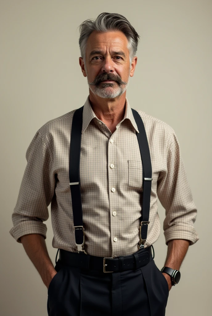 man with a mustache, a checkered shirt, black trousers, garniel or guarniel