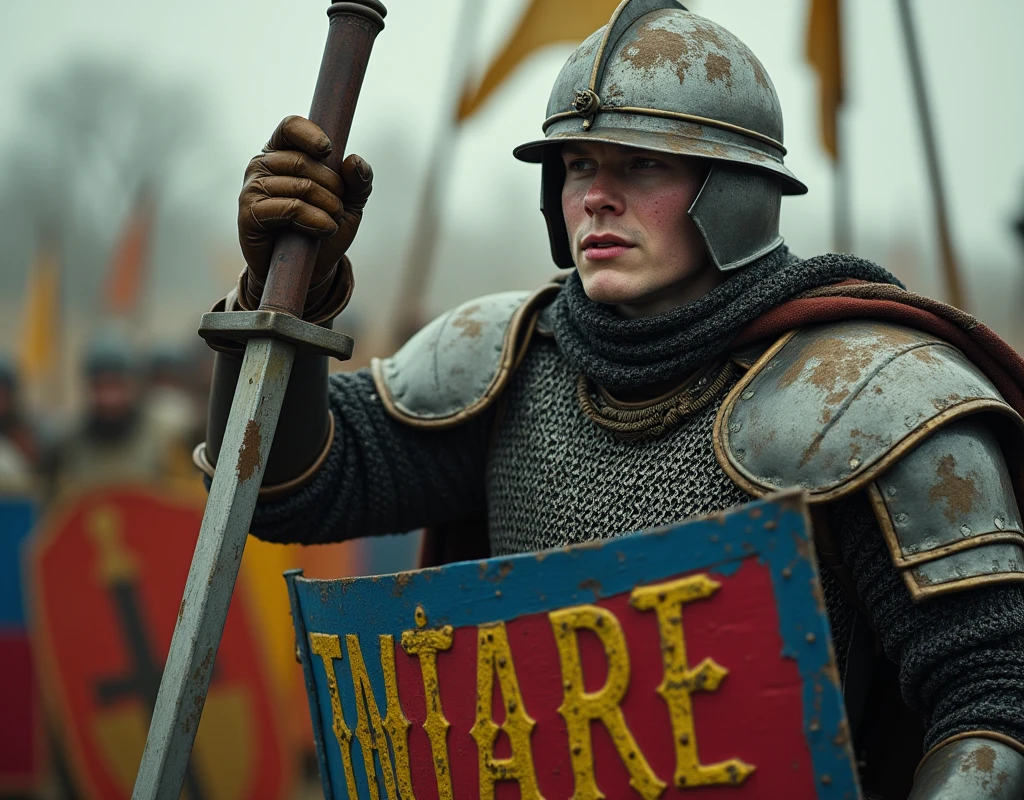 A film scene depicting a pikeman brandishing a (banner blue and red shield with thin vertical yellow sword painted upwards coat of arms), and carrying a sword, damaged by fighting. (medieval battered chain mail, helmet with a flag on top, leather gloves, very battle-damaged). He has white pale skin and lumps on his face. (He's on a battlefield with the words "Thiébaut" written in large golden letters in the foreground).