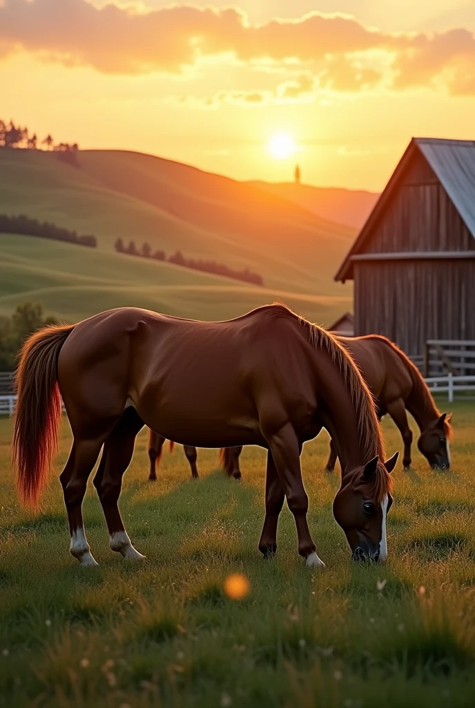 realistic image 8k horse farm sunset