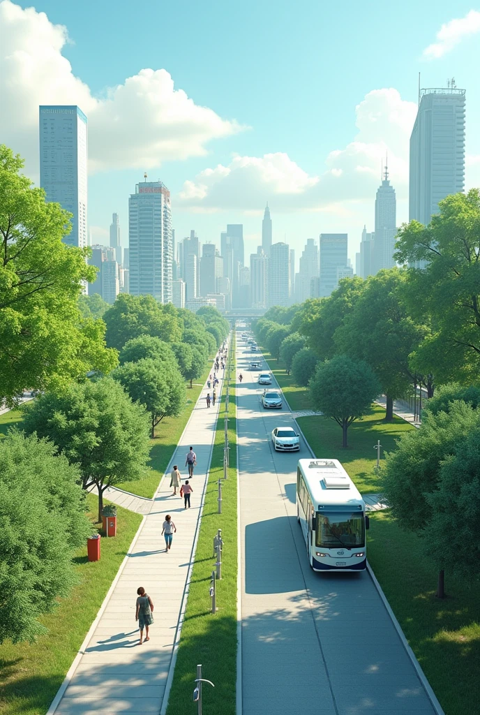 Reducing pollution: A city with large green areas, electric vehicles on the streets, well organized recycling bins, and a clear sky without smog.