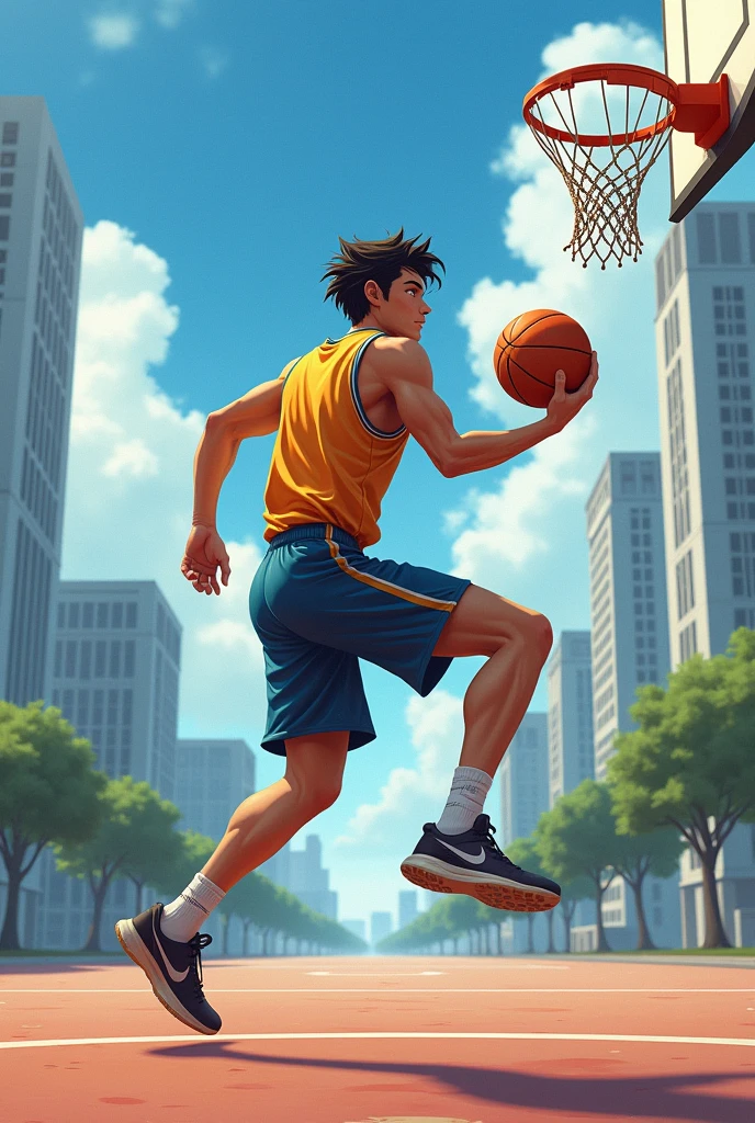 Man playing basketball with dark hair