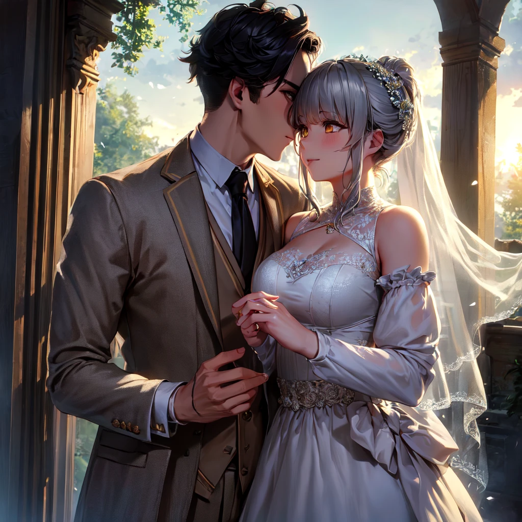 masterpiece, Best quality, masterpiece, Best quality, masterpiece, Best quality, masterpiece, Best quality, high quality, detail_skin, Beatifull_hair, detail_hair, Beatifull_hands, hands_detail, High detail, Ultra detail, HD, 4k, 4280x2240, depth field, (HDR:1.9), Correct ???????, a masculine boy with short hair black hair abundant brown eyes with full wedding suit from groom to gentleman's suit and Palto flu pants and a girl with very long hair messy hair curly hair wavy hair (((silver hair))) high ponytail with yellow eyes in wedding dress, Dream wedding dress. love. Hand in hand looking at the New Year's sunset sunrise while kissing at church wedding with wedding rings on boy finger and wedding rings on girl finger and smiles, detail, ultra-detail, correct_position, correct_texture, correct_colors, correct_shading, correct_cgi, correct_body, correct_???????, correct_proportion, (correct_complete_body), source_anime,score_6_up,score_7_up,score_8_up,score_9, (Beautiful eyes), (detail_eyes), Eyesclothing cutout, veil,see-through,wide sleeves, white leotard,long sleeves,frilled sleeves,frills,bridal veil, Detailedface, artist(ReDrop), Romántica style sleve, EasyNegative_pt , beatifull_detail,