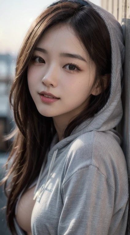 8k, best quality, masterpiece, realistic, ultra detail, photo realistic, hyper realistic, smoother lighting, increase cinematic lighting quality, realistic lighting, backlighting, brightening light, Increase quality, best quality real texture skin, 
close-up, slender, cute face, smile, beautiful details eyes, 19years old korean, pretty, Drill hair with electric blue color, hoodie, nipple slip