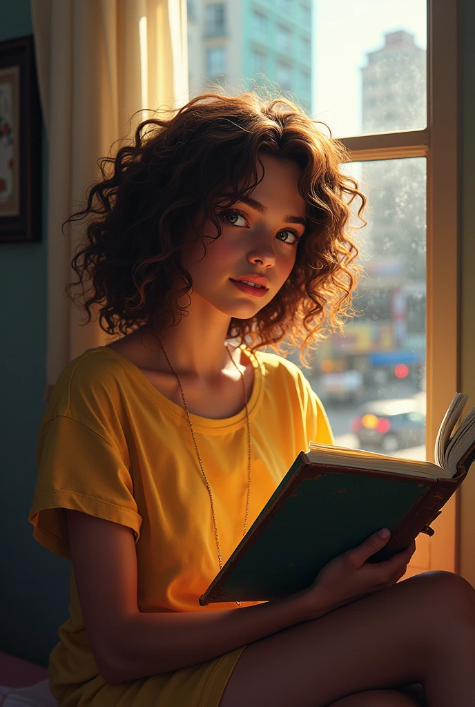 a teenager from Rio de Janeiro and Brazil, with her curly hair, with a tired and sad expression but always with a smile on her face sitting at a window reading a book