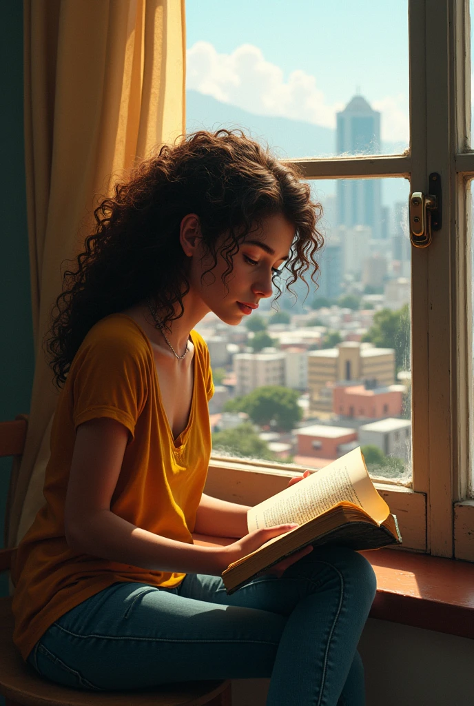 a teenager from Rio de Janeiro and Brazil, with her curly hair, with a tired and sad expression but always with a smile on her face sitting at a window reading a book