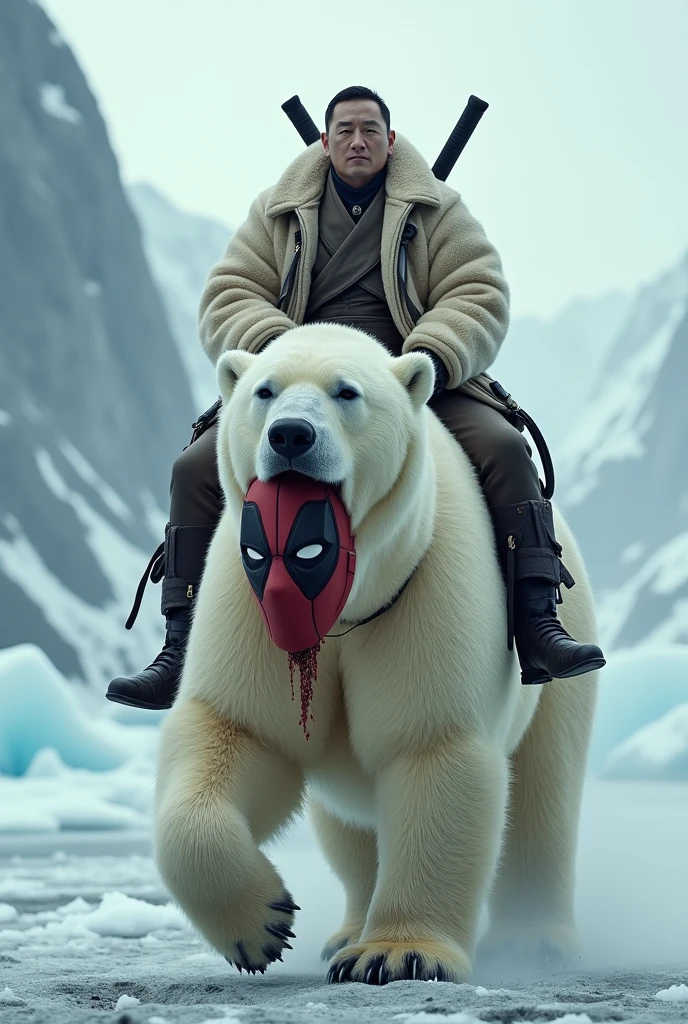 ozai, Korean actor Daniel Dae Kim, riding a polar bear with deadpool's head in its mouth with its head to the side