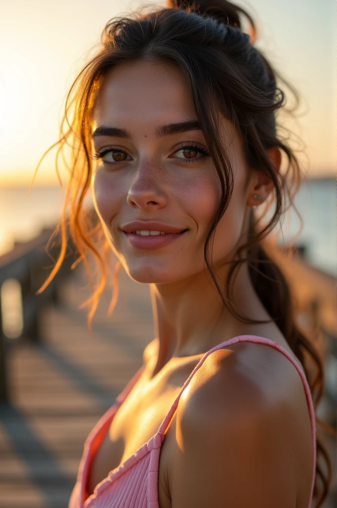 on the wooden pier, (tank top:1.2), (pink halter top:1.4), 1girl, fully dressed, Looking at Viewer, (extreme close up, ECU, full face shot:1.3), (face detailed:1.4), (candid photograph:1.2), Colouring, happy, Relaxed, soft smiling, (shoulder length hair:1.3), (foundation, Concealer, mascara, rosy cheeks, smokey eye makeup, lipstick:1.3), nail polish, (Beautiful, gorgeous, Flawless complexion:1.2), hair clips, hair bands, ribbons, Lip gloss, bright lips, freckles, antique rose, rustic brown, warm beige, dusty blue, faded olive, Standing, (Sunset, Twilight:1.25), fcDetailPortrait, professional photograpy, HDR (high dynamic range), Subsurface scattering, Realistic, heavy shadow, master part, ultra realistic, high resolution, proportion Aurea, rule of thirds, intrikate, High detail, cinematic movie photograph, dslr, (hair up in ponytail:1.3), (blue colored eyes:0.8), hair brunette