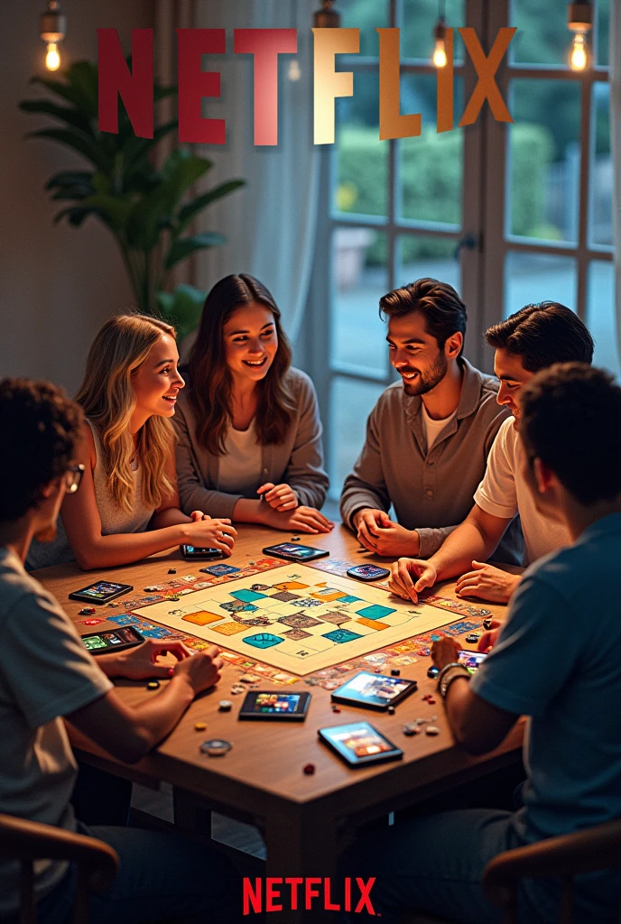 Create an image for a cover, where there are several Netflix movies spread out, and in the image there must also be four people from a company playing board games like real estate and the main title that must be there is "Netflix Of Life" with the same font as Netflix