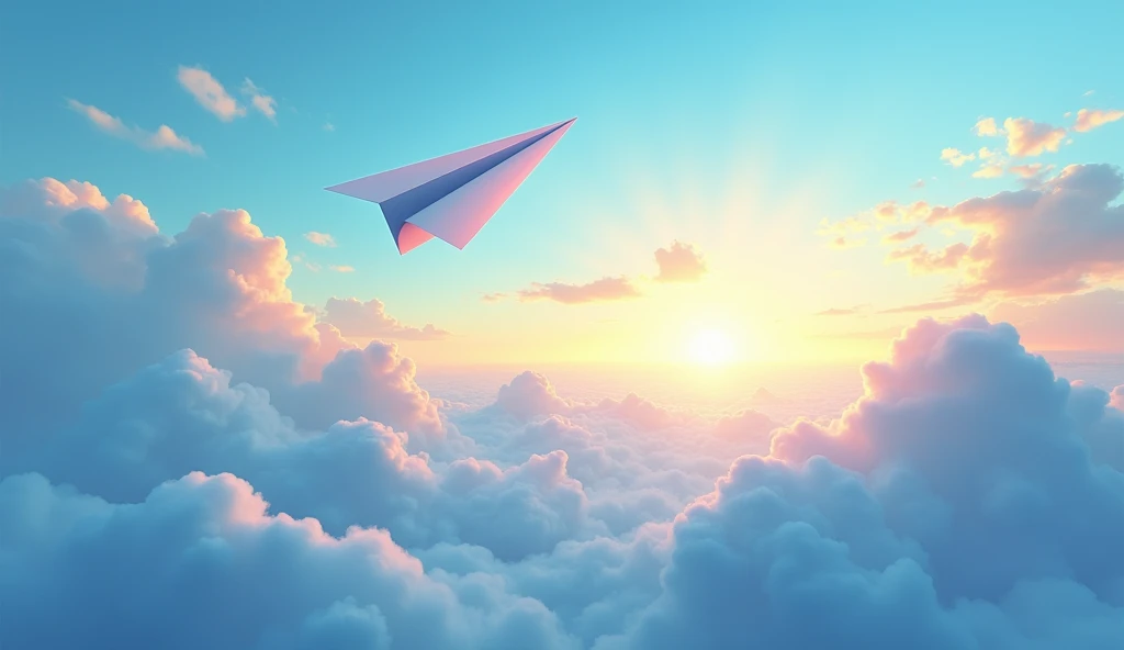 An ultra-high-resolution animated illustration depicting a sky with a rising sun and a paper airplane flying over blue clouds, viewed from above, displayed on a very wide screen.