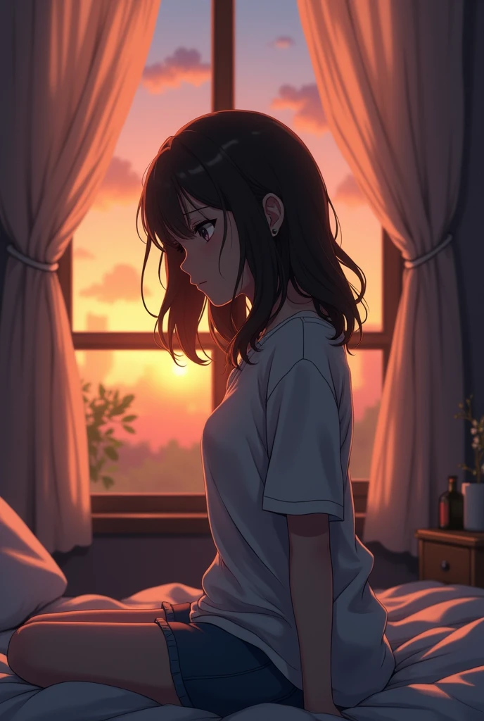 A brunette anime girl, in her twenties, sad smile, in her bedroom, sunset