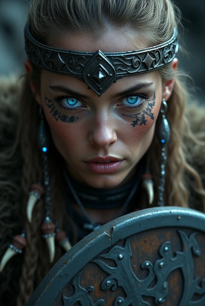 Close up face beautiful viking woman, odin's shield in hand , strong blue light in the eyes, crown of the goddess freya , tribal design on the eyes, Angry, bone ornaments on the neck, battle armor, with hate, focused