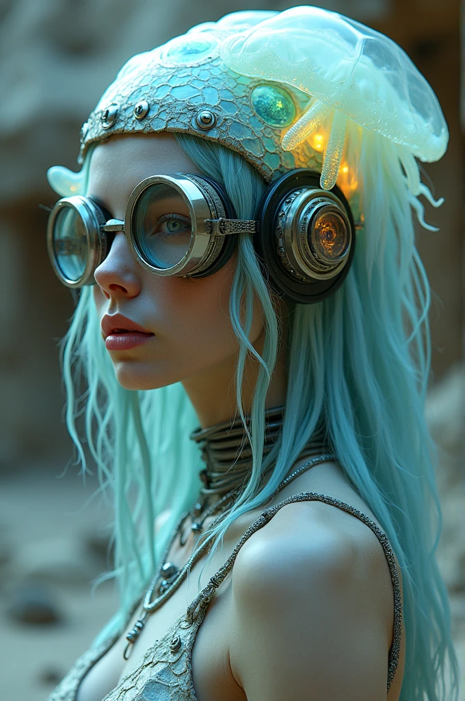 Ethereal Cyborg Woman, bioluminescent jellyfish tiara. Steampunk goggles merge with translucent tentacles. Cracked porcelain skin meets iridescent scales. Mechanical implants and delicate tendrils intertwine. Human characteristics with an otherworldly glow. Dreamy aquatic tones contrast with aged metal. Reflective eyes capture invisible worlds. Gentle bioluminescence meets a harsh desert landscape. Fusion of organic and synthetic, ancient and futuristic. Hyper-detailed textures, surreal atmosphere.