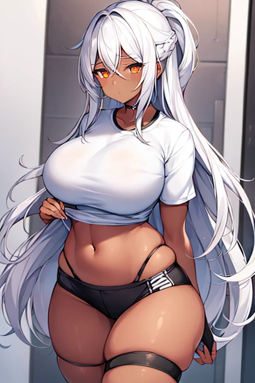 1girl, dark skin, black skin, dark-skinned female, white hair, long hair, large breasts, wide hips, thick thighs, shirt, sportswear, shy, sports bra, hourglass figure, mature female, skin tight, tight clothes, thigh strap