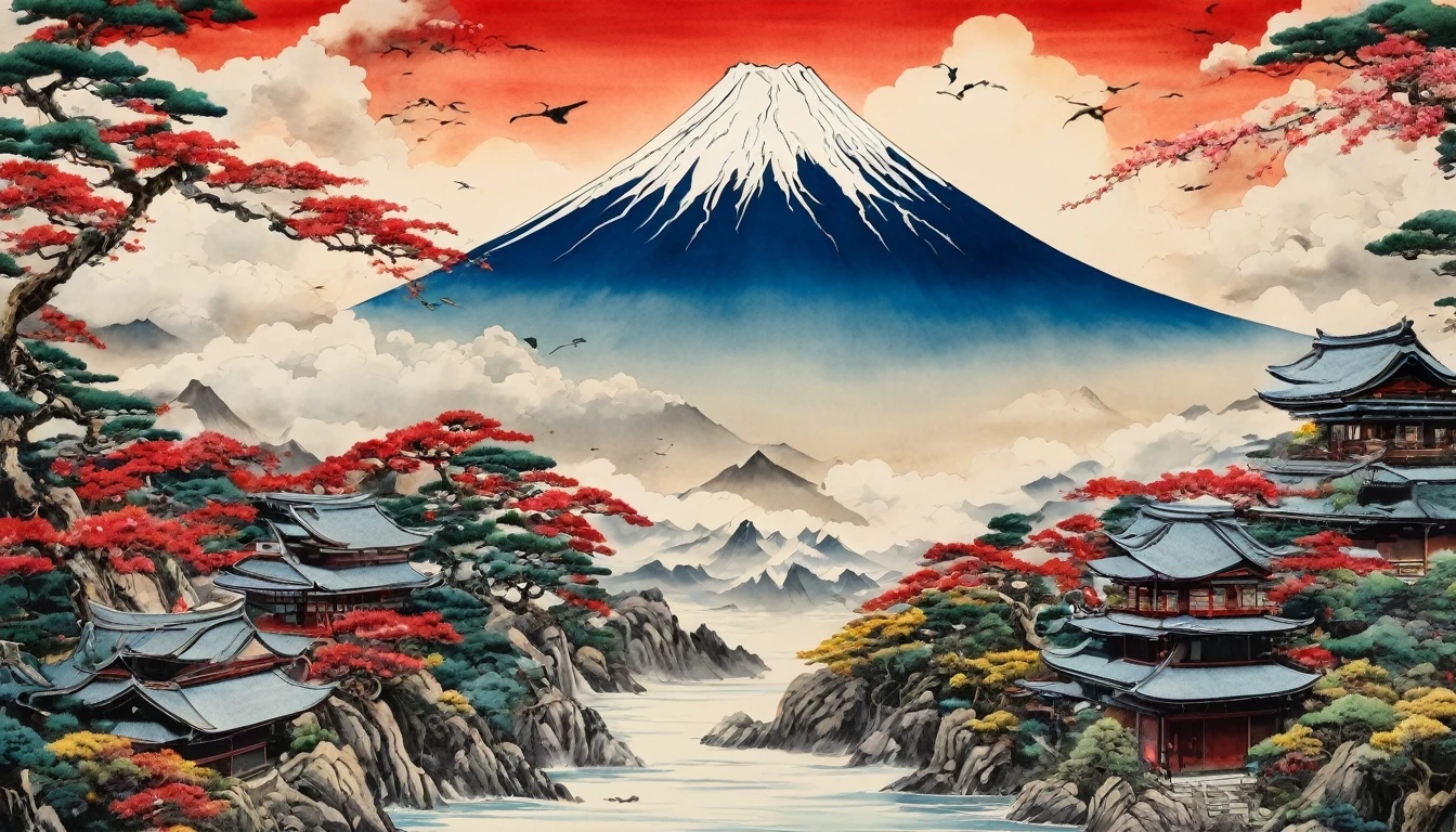 A fusion of watercolor and oil painting, A fusion of paper cutting and shadow art, Mix of Japanese paintings, Ukiyo-e and woodblock prints, Mixing monochrome and color, Conceptual installation art, warrior, armor, Japanese sword, backward, (Super detailed, The absolute solution, Highest quality:1.3), 2.5D, delicate and dynamic, artistic, Hyper, Graphics CG Digital Art, The background is old Japanese paper with a rainbow pattern.,Hinomaru and Mt. Fuji
