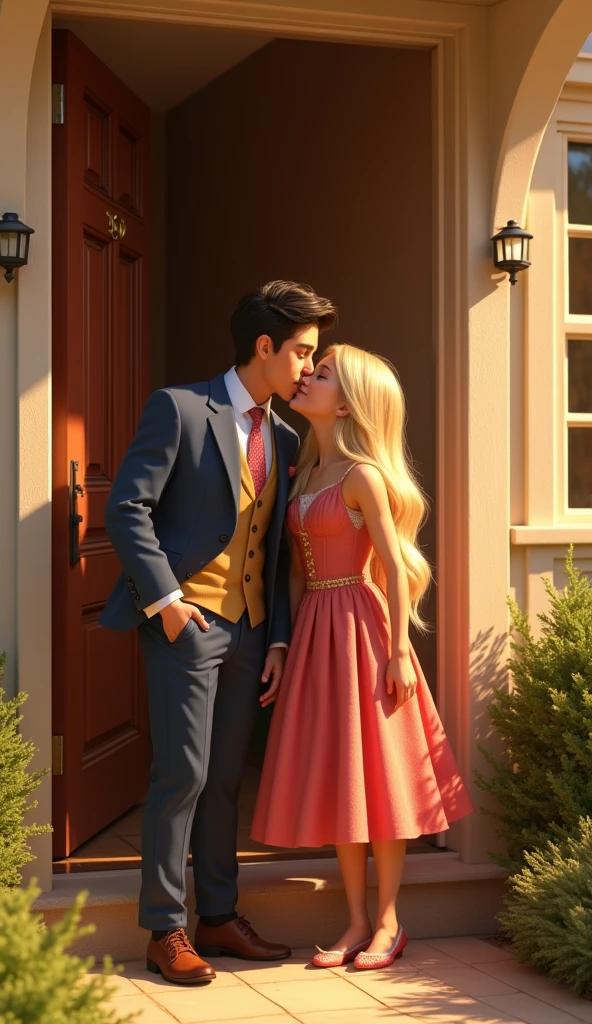 A handsome brother kissing his blonde sister on the cheek at the door of her house, pixar style, cinematic, masterpiece, high-aesthetic, portrait