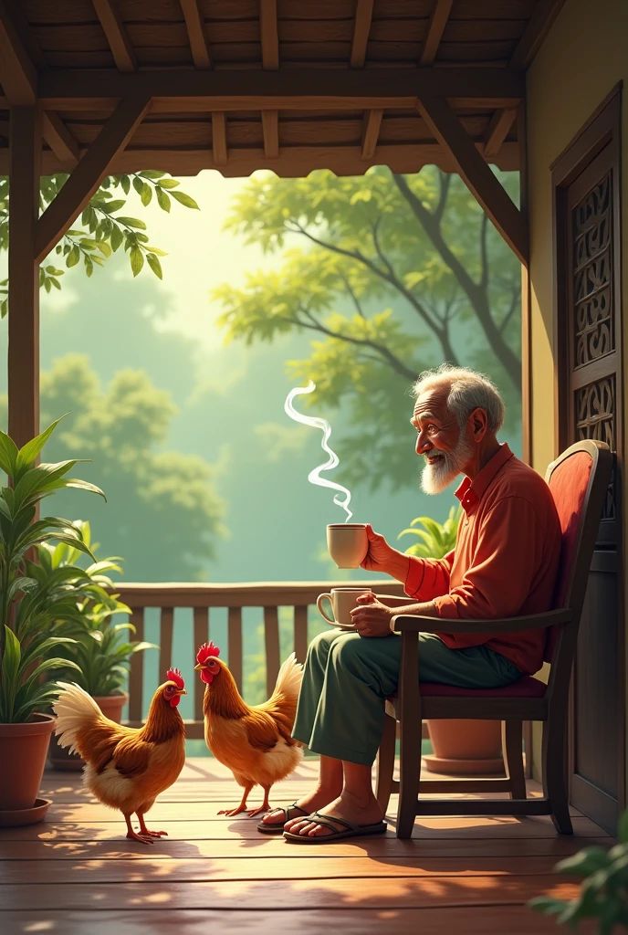 An old Malay man smiling, a cup of coffee in his hand, sitting on the veranda, watching his grandchildren play with chickens, the wet floor in the morning in a MALAY village