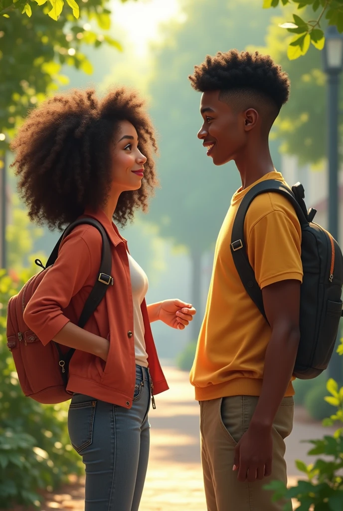 A couple of agers, brown woman with shoulder length curly hair. Black man with black hair