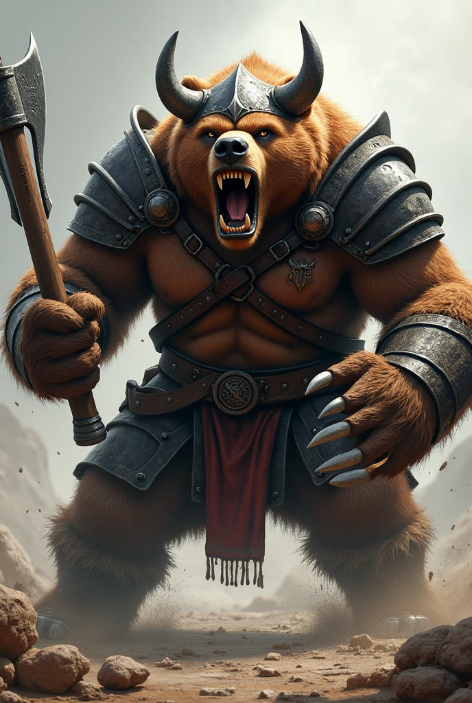 close up face angry warrior bear, open claws on display, attacking, viking armor, attacking com a pata, armed with an axe