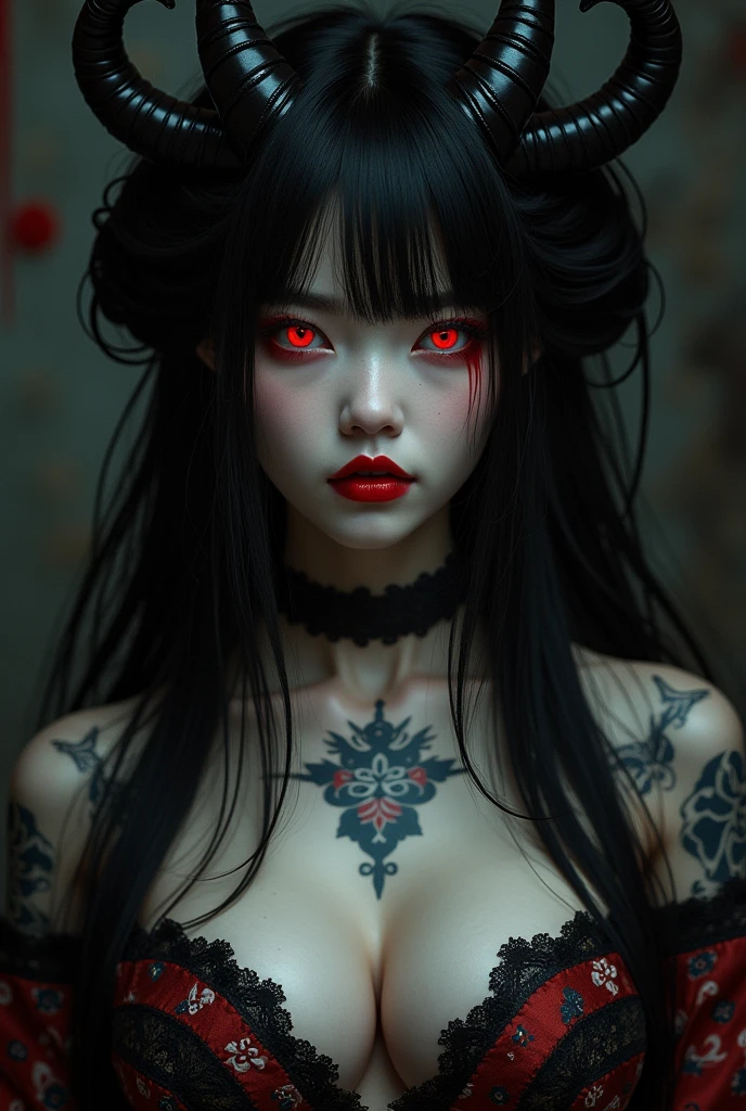 A girl with long loose black hair, crimson red eyes. Deep red lipstick, red eye shadow , very big breasts, black demon horns, upper body with geisha clothes , big breasts, portrait, Masterpiece, Best quality, gif,1 girl, Solo, Natural skin texture, Realistic black eyes and facial details :5),(Dark :1. 4), Deep shadows, Extremely detailed beauty, Detailed eyes and face, sharp black eyes, Red lipstick, No black eyeliner, Detailed Gothic costumes, pony tails, Black hair, nikon d850 film, Surreal, Authentic textures, Dramatic, lighting, illusory engine, (facial clarity :1). 5), (Transparent clothes :1); 1) Gothic style, Black lace, tattoo. Japanese girl with more or less long black hair with bangs and red highlights, e sexy, Lady,Red hair,dress,beautiful,anime,tattoo, face portrait, close up, big beautiful detailed eyes, ulzzang, art nouveau, candy, sweets, tattoo background pattern, tapestry, backlit, neon palette, red eyes,