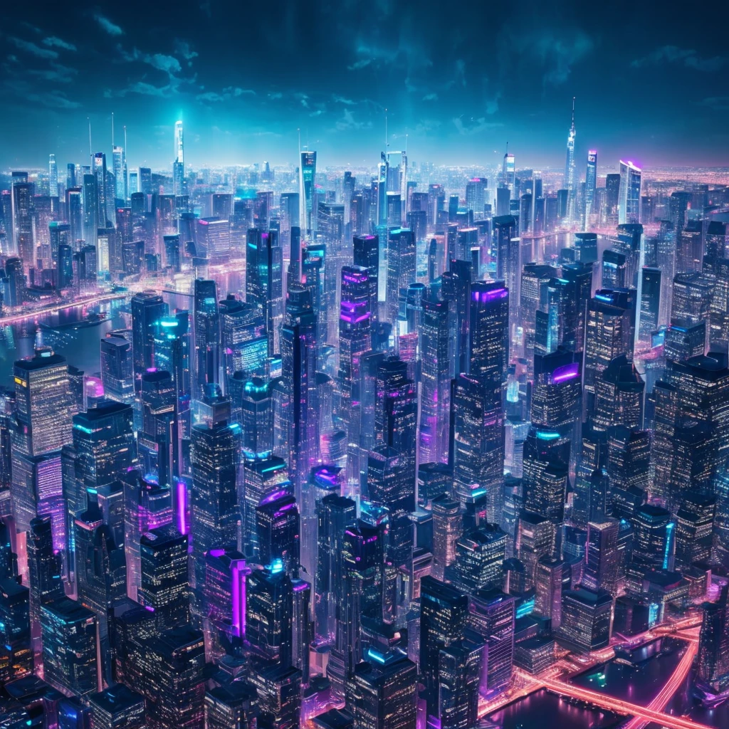 Create a stunning 8K digital wallpaper featuring a futuristic cityscape with sleek, high-tech skyscrapers. Incorporate neon lights and reflections on glass surfaces to enhance the sense of depth and modernity. Use a color palette of deep blues, purples, and metallics, with intricate details and dynamic lighting to create a visually captivating scene."