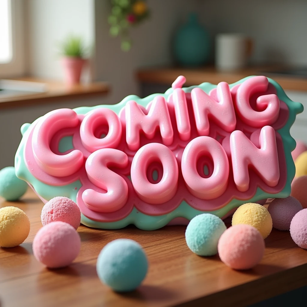 Logo called Coming Soon in Spanish, the letters with jelly texture, on kitchen table and around colored ice cream balls