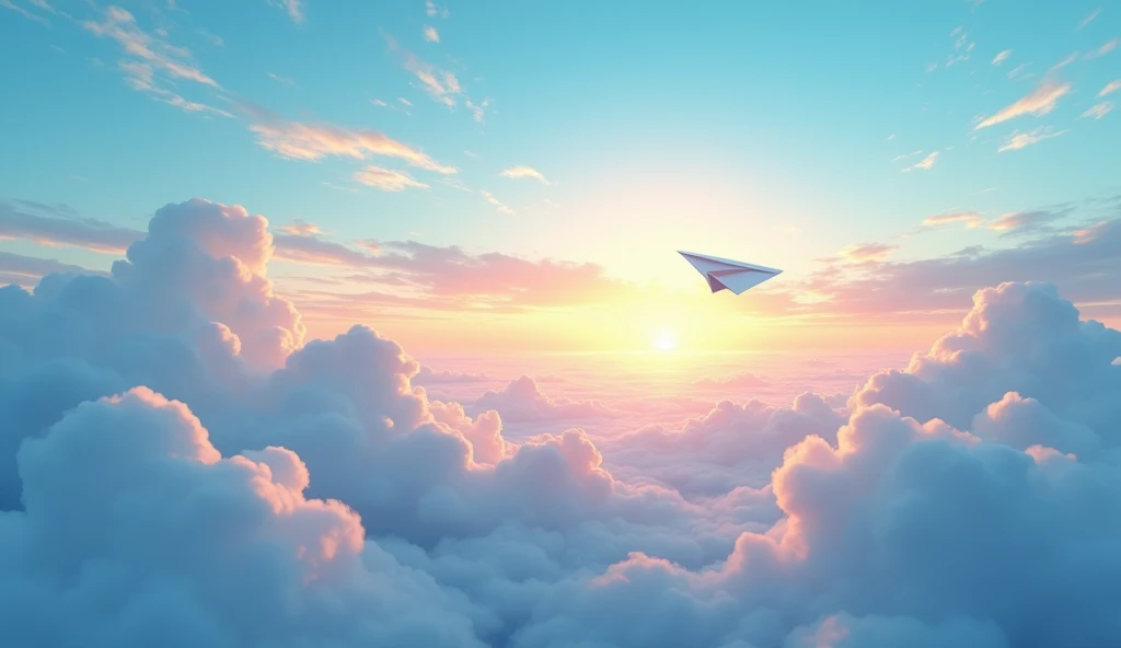 An ultra-high-resolution animated illustration depicting a sky with a rising sun and a paper airplane flying over blue clouds, viewed from above, displayed on a very wide screen.