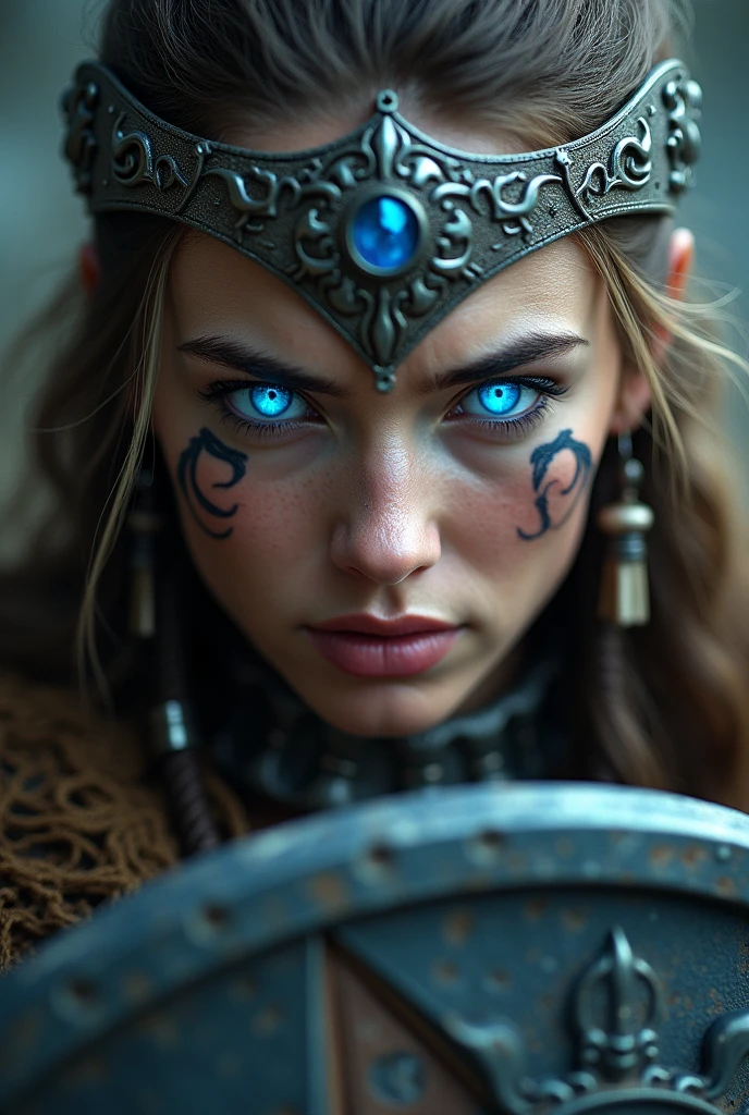 Close up face beautiful viking woman, odin's shield in hand , strong blue light in the eyes, crown of the goddess freya , tribal design on the eyes, Angry, bone ornaments on the neck, battle armor, with hate, focused