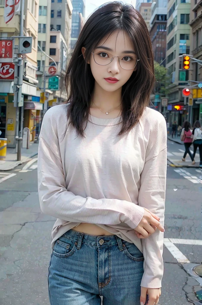 Photo of a beautiful woman standing on a street corner, (masterpiece:1.2, highest quality), (Realistic, photoRealistic:1.4), Beautiful illustrations, (Natural Side Lighting, Cinema Lighting), Written boundary depth, Beautiful thighs staring at the viewer, (((Face Focus, Upper Body))), 1 female, 30-year-old, alone, thin, slender, small breasts!!!, Loose curly hair, Bedhead, Forehead, thin, slender, (((glasses))), vivid pink sweater, denim pants, Are standing, New York 25th Street, portrait