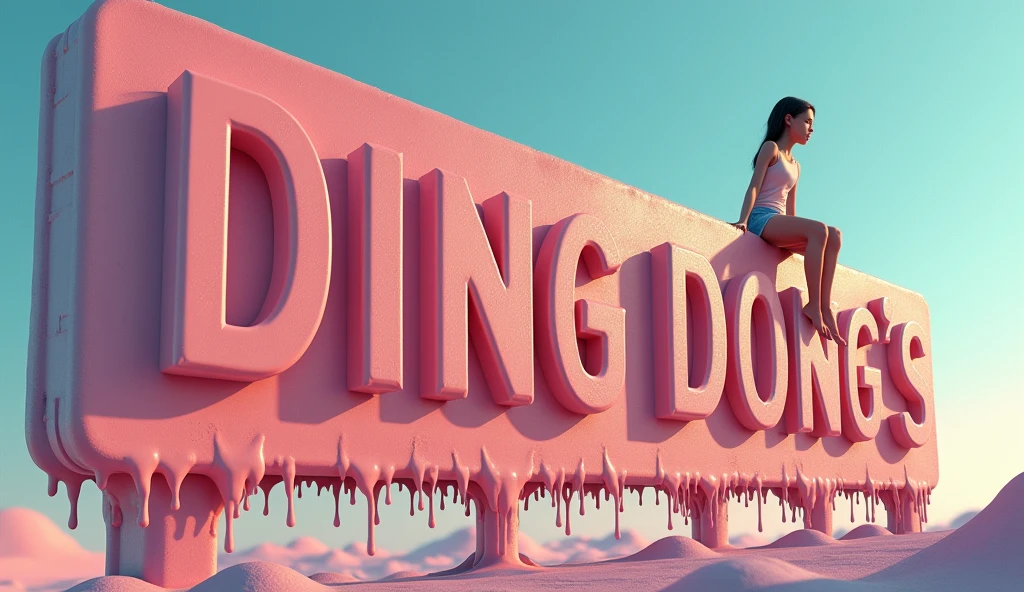 /imagine prompt:a girl sitting on the billboard with the name "DING DONG´S she is drinking açaí tip: always keep the name DING DONG´S in capital letters, big, Beatnik, Dripping Paint, landscape, CGsociety, Flat, Sculpture, opalescent colors, Meatcore, flood lighting, High quality --ar 16:9