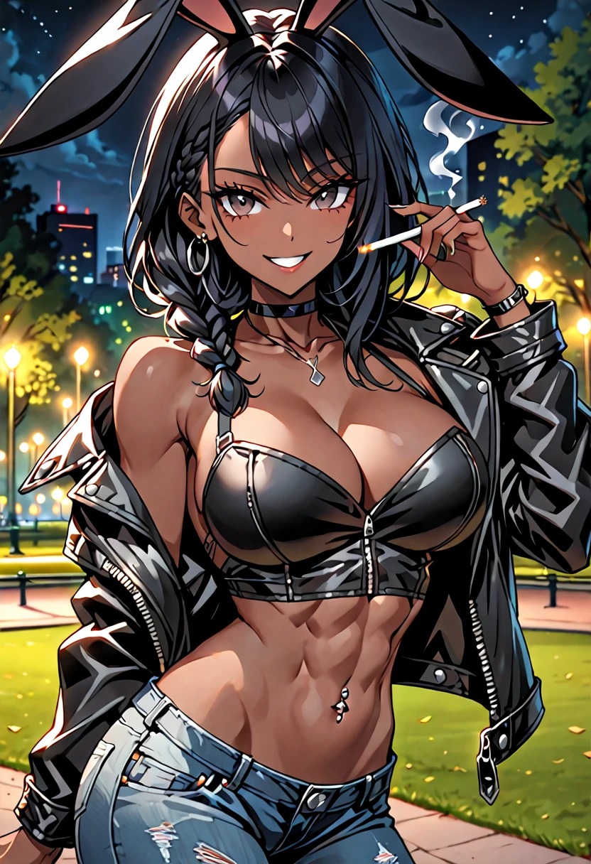 female, solo, close up, huge black rabbit ears, dark skin, long black hair, braid, curvaceous, wide smile, black eyes, abs, cleavage, heaving breasts, looking at viewer over her shoulder, black rabbit tail, leather jacket covering shoulders, crop top, worn jeans, holding cigarette in hand, choker, navel piercing, park, night, pose