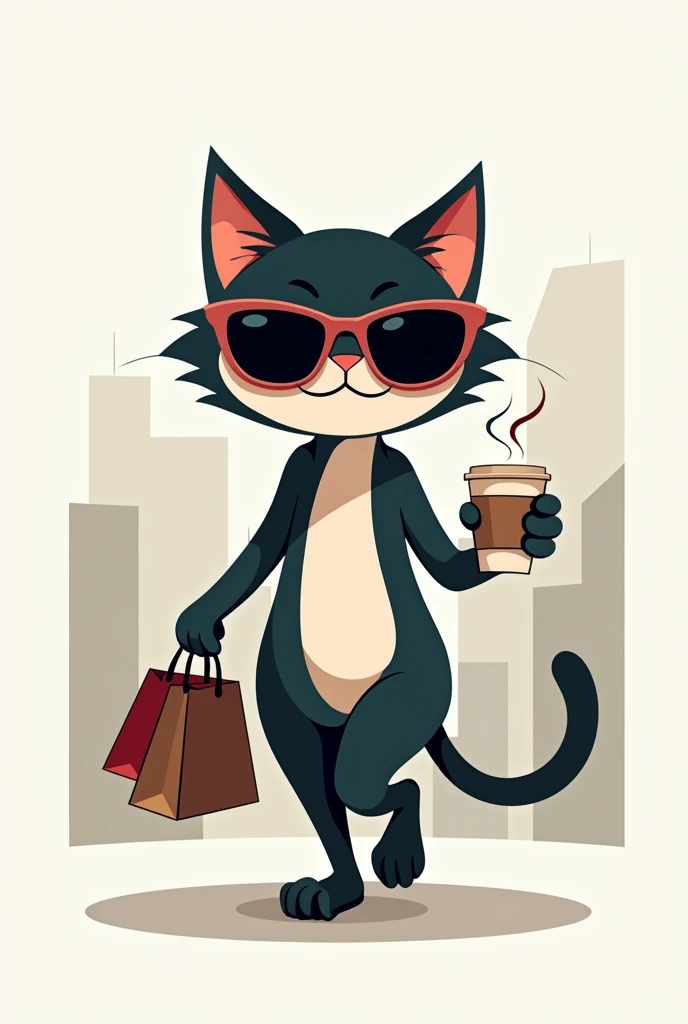 Logo of a friendly Cheshire cat walking through the city very conceited, with sunglasses and drinking a Starbucks-style coffee, with a cocky walk and some bags in his other hand, with a posture of "I Deserve It". Remember it's a logo, so it must be vector style. It must be a minimalist logo. Cheshire Cat