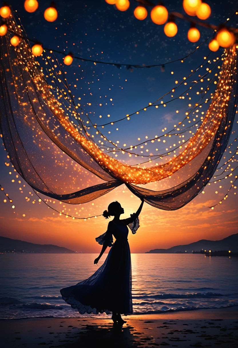 The image depicts the silhouette of a person standing against a stunning sunset backdrop. The sky transitions from a rich orange near the horizon to deep blue as it ascends. The person appears to be wrapped in a string of small, glowing fairy lights, with some of them lit up, creating an ethereal and captivating contrast against the dark silhouette. The person seems to be holding up one arm, perhaps adjusting or interacting with the lights. The overall mood of the image is peaceful and enchanting.